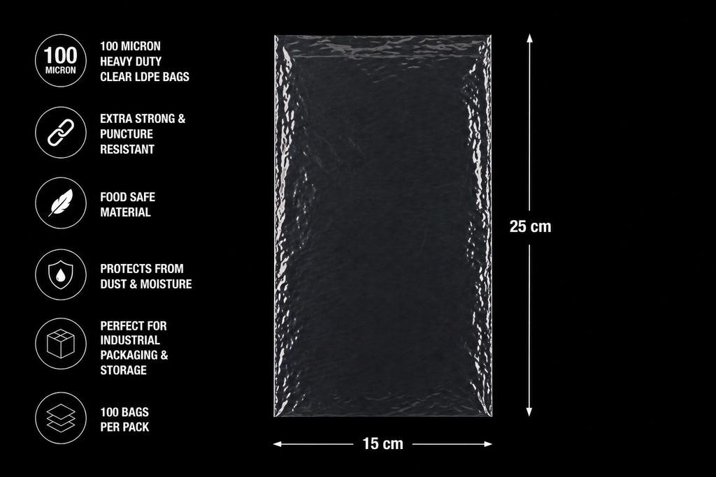 100 Micron Clear LDPE Plastic Bags (Pack of 100 bags)– Heavy Duty Industrial Packaging Bags (15 x 25 cm, 100 Pack)