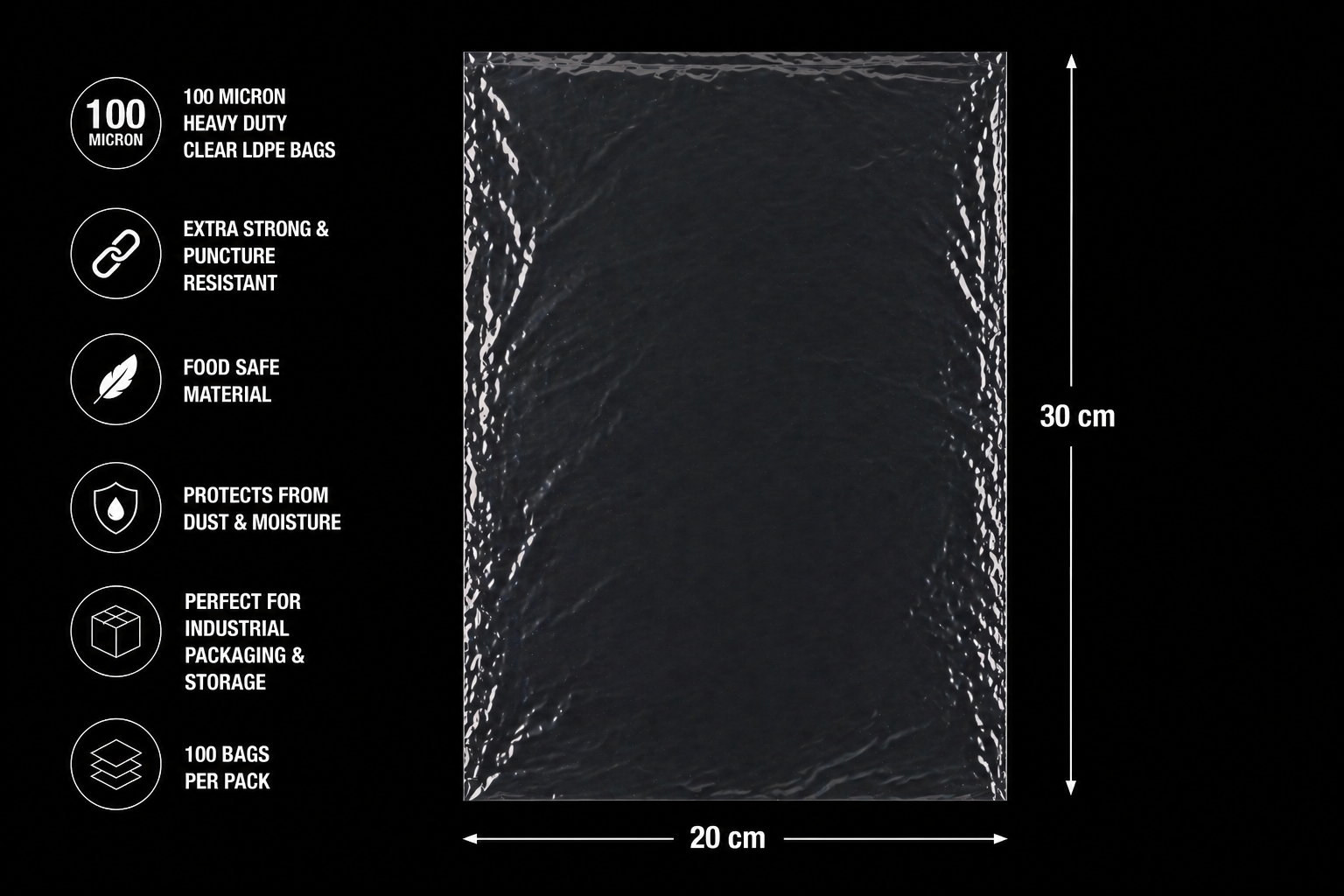 100 Micron Clear LDPE Plastic Bags (Pack of 100 bags)– Heavy Duty Industrial Packaging Bags (15 x 25 cm, 100 Pack)