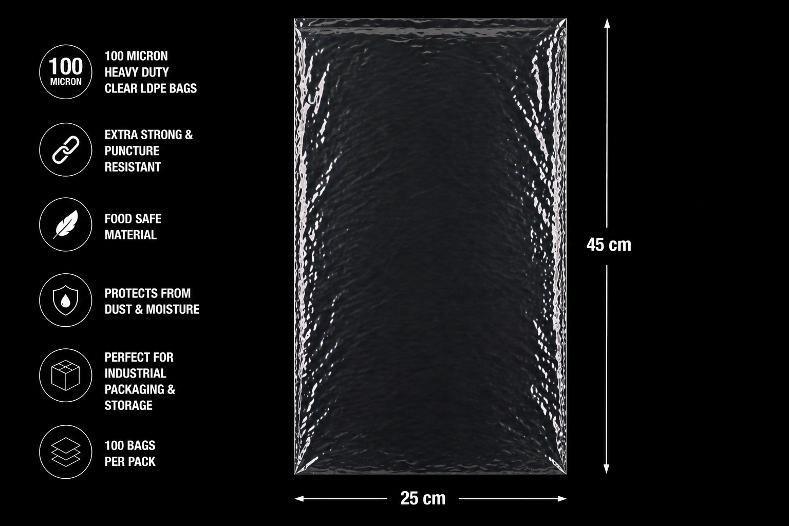 100 Micron Clear LDPE Plastic Bags (Pack of 100 bags)– Heavy Duty Industrial Packaging Bags (15 x 25 cm, 100 Pack)