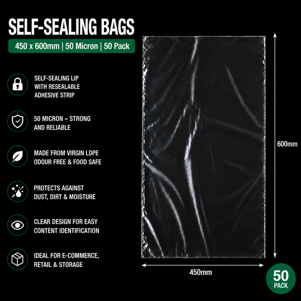 50 Micron Clear LDPE Self-Sealing Bags – Resealable Lip & Tape | Packaging Bags for Storage & Shipping