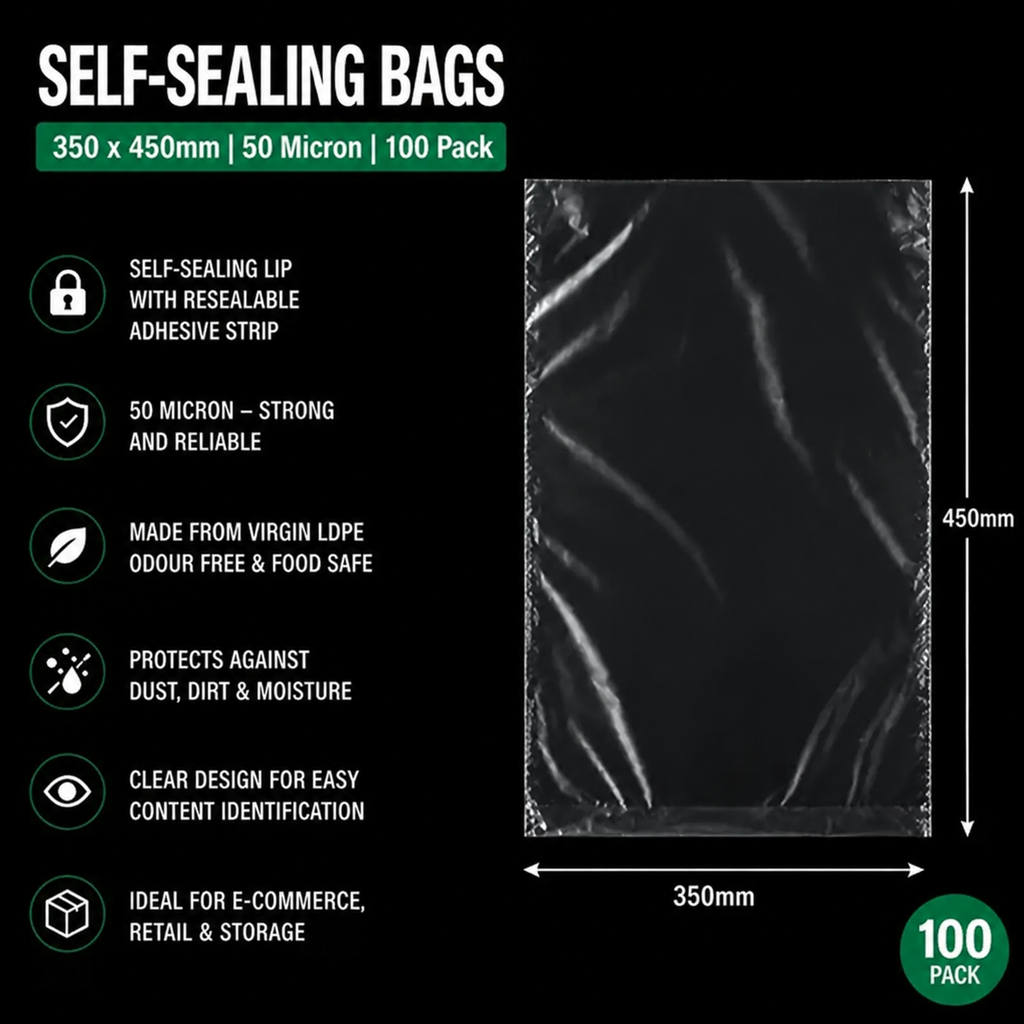 50 Micron Clear LDPE Self-Sealing Bags – Resealable Lip & Tape | Packaging Bags for Storage & Shipping