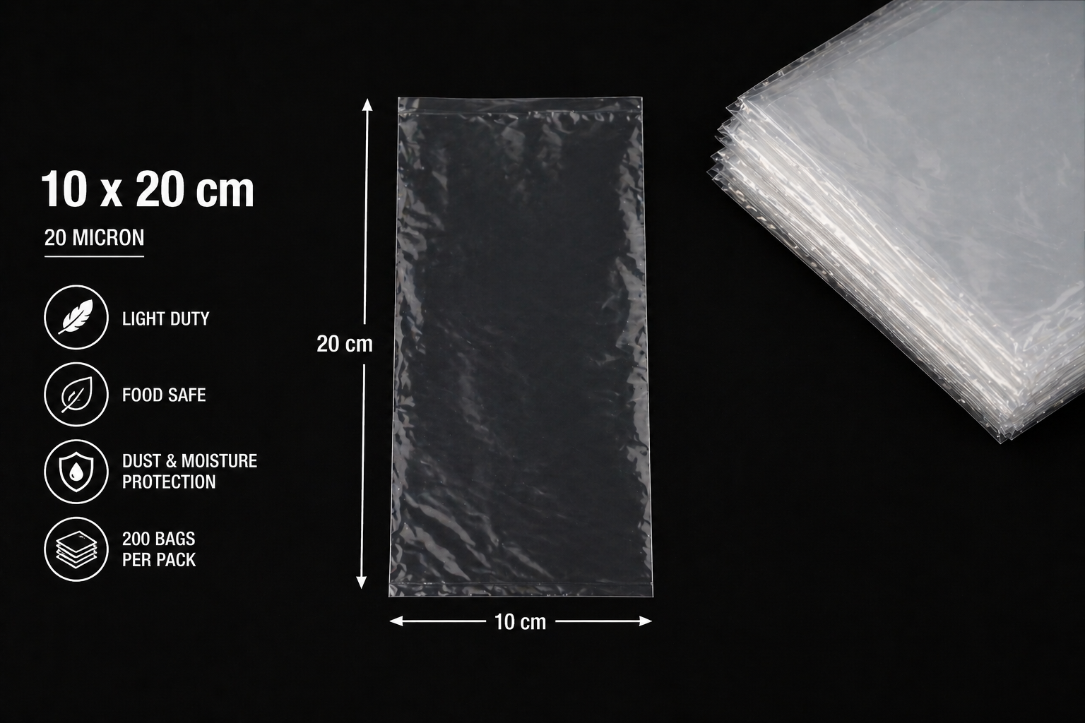 20 Micron Clear LDPE Plastic Bags(Pack of 200 bags) – Food Safe Packaging Bags (10x20cm to 45x60cm Sizes, 200 Pack)