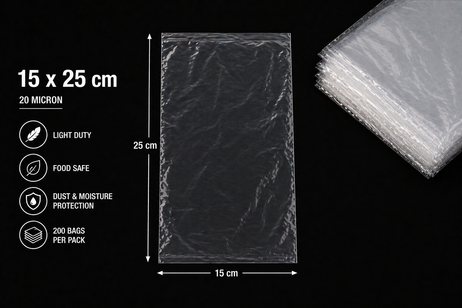 20 Micron Clear LDPE Plastic Bags(Pack of 200 bags) – Food Safe Packaging Bags (10x20cm to 45x60cm Sizes, 200 Pack)