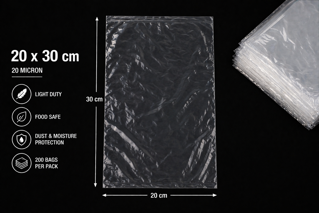 20 Micron Clear LDPE Plastic Bags(Pack of 200 bags) – Food Safe Packaging Bags (10x20cm to 45x60cm Sizes, 200 Pack)