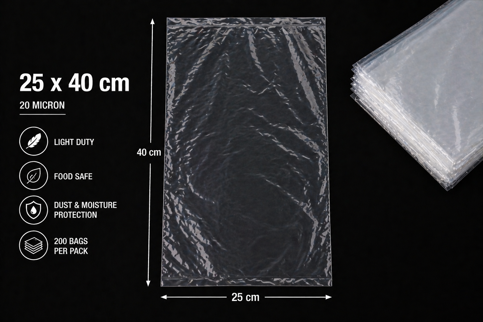 20 Micron Clear LDPE Plastic Bags(Pack of 200 bags) – Food Safe Packaging Bags (10x20cm to 45x60cm Sizes, 200 Pack)