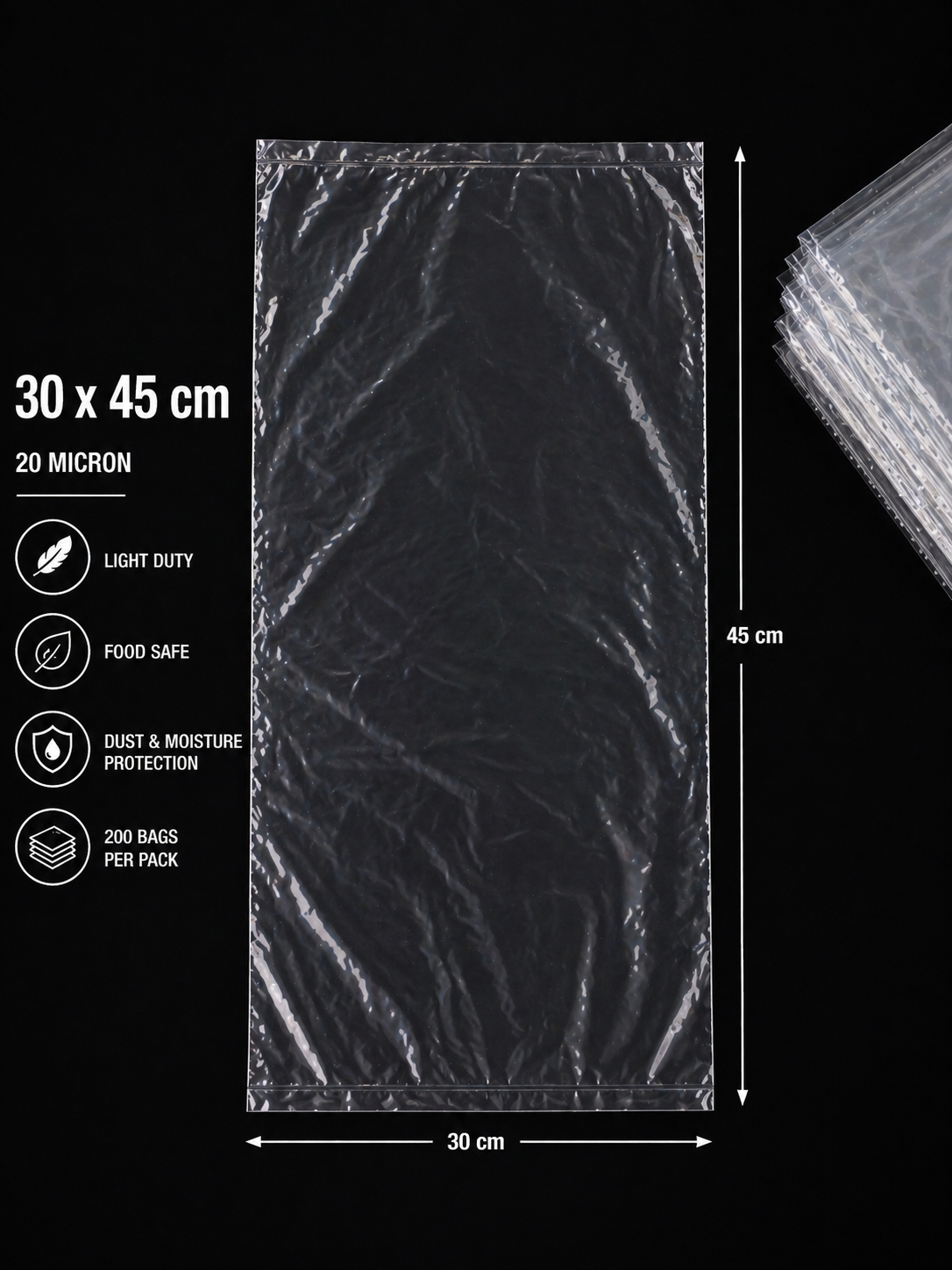 20 Micron Clear LDPE Plastic Bags(Pack of 200 bags) – Food Safe Packaging Bags (10x20cm to 45x60cm Sizes, 200 Pack)