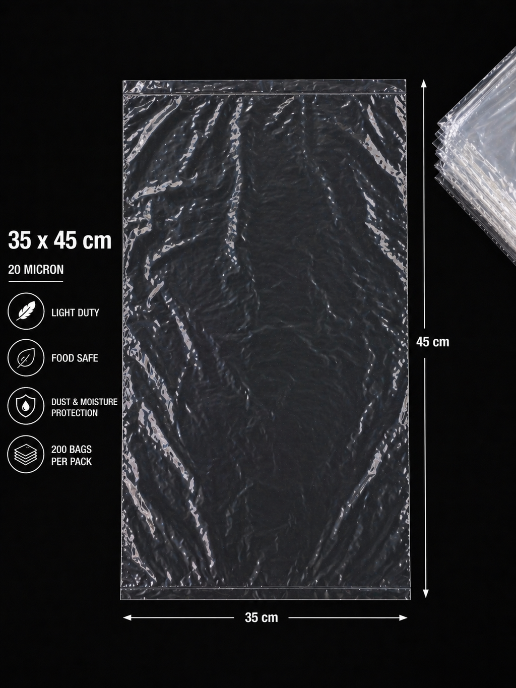 20 Micron Clear LDPE Plastic Bags(Pack of 200 bags) – Food Safe Packaging Bags (10x20cm to 45x60cm Sizes, 200 Pack)