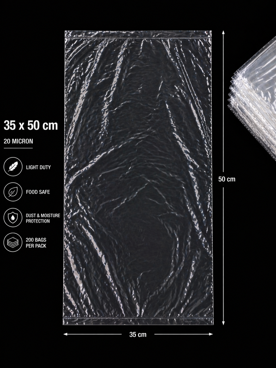 20 Micron Clear LDPE Plastic Bags(Pack of 200 bags) – Food Safe Packaging Bags (10x20cm to 45x60cm Sizes, 200 Pack)