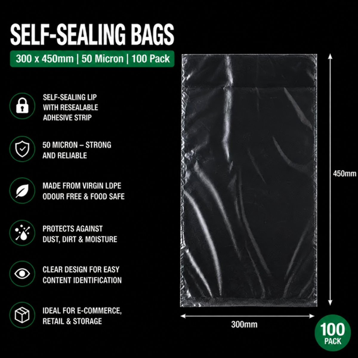 50 Micron Clear LDPE Self-Sealing Bags – Resealable Lip & Tape | Packaging Bags for Storage & Shipping