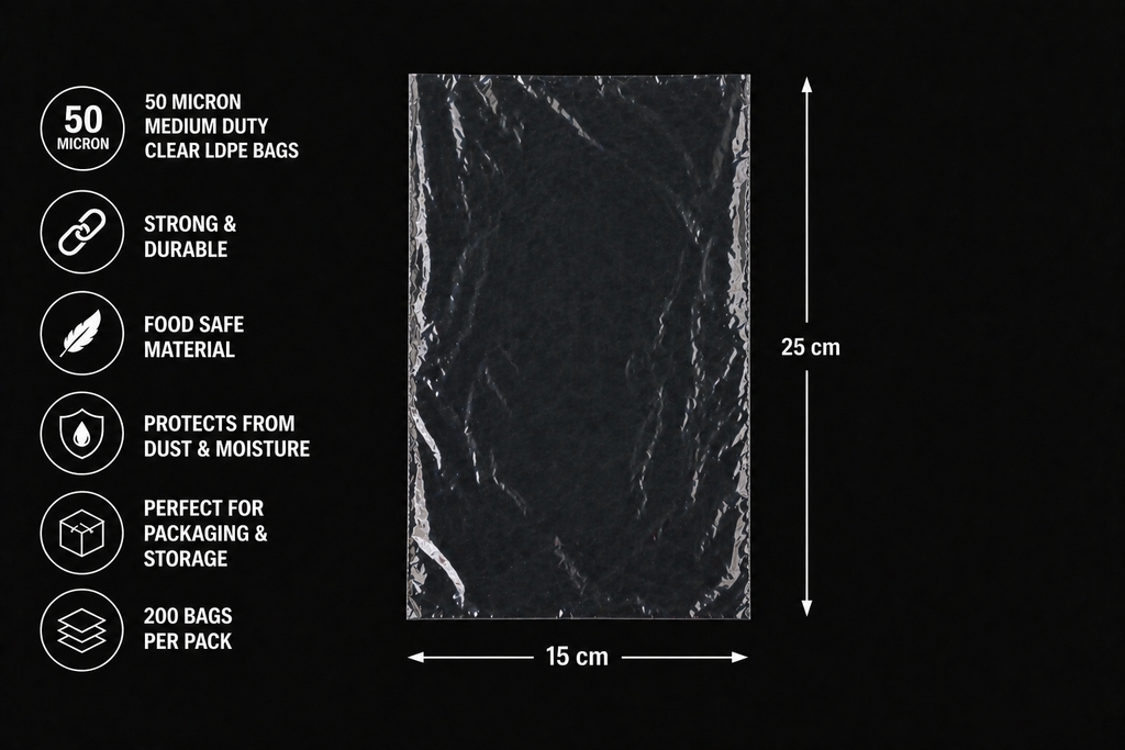 50 Micron Clear LDPE Plastic Bags(Pack of 200 bags) – Heavy Duty Packaging Bags (10x20cm to 94x154cm Sizes)