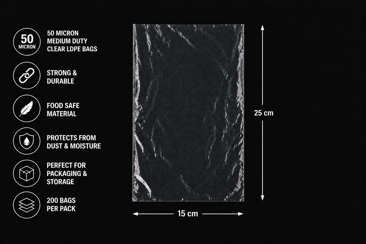 50 Micron Clear LDPE Plastic Bags(Pack of 200 bags) – Heavy Duty Packaging Bags (10x20cm to 94x154cm Sizes)