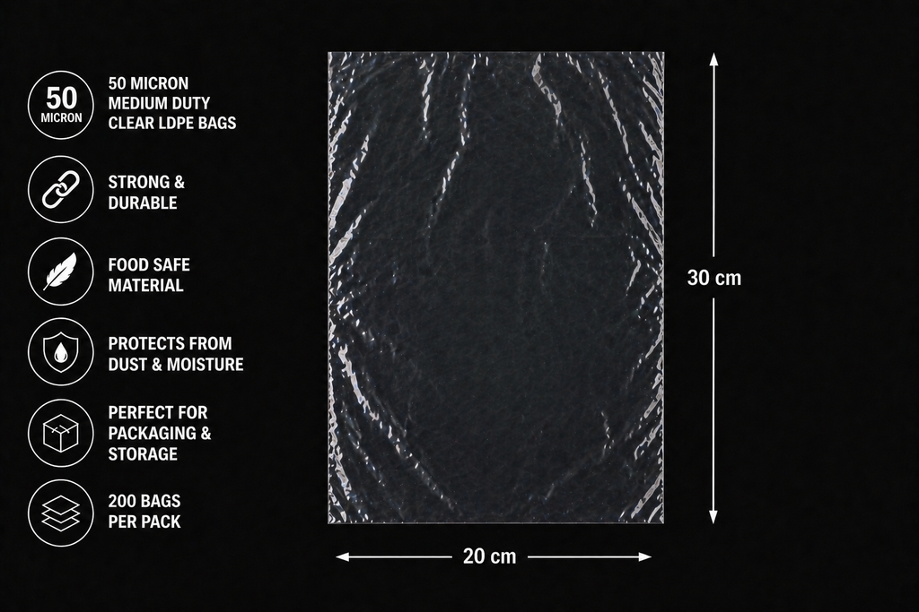 50 Micron Clear LDPE Plastic Bags(Pack of 200 bags) – Heavy Duty Packaging Bags (10x20cm to 94x154cm Sizes)