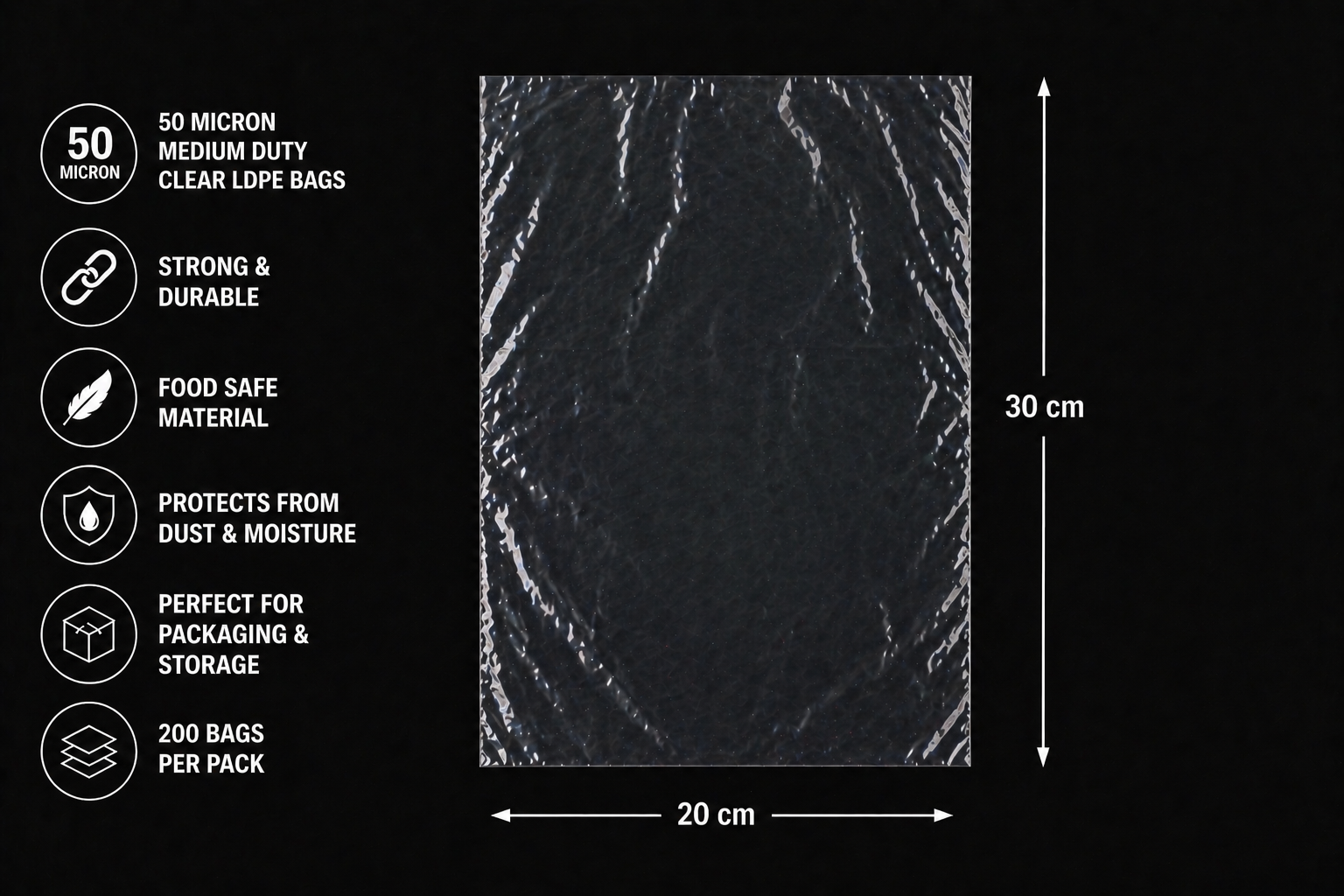 50 Micron Clear LDPE Plastic Bags(Pack of 200 bags) – Heavy Duty Packaging Bags (10x20cm to 94x154cm Sizes)
