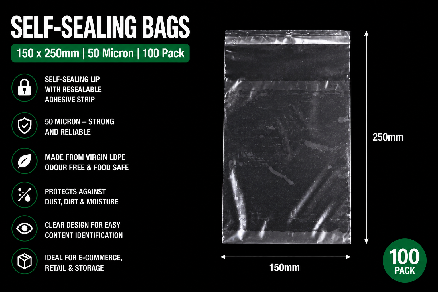 50 Micron Clear LDPE Self-Sealing Bags – Resealable Lip & Tape | Packaging Bags for Storage & Shipping