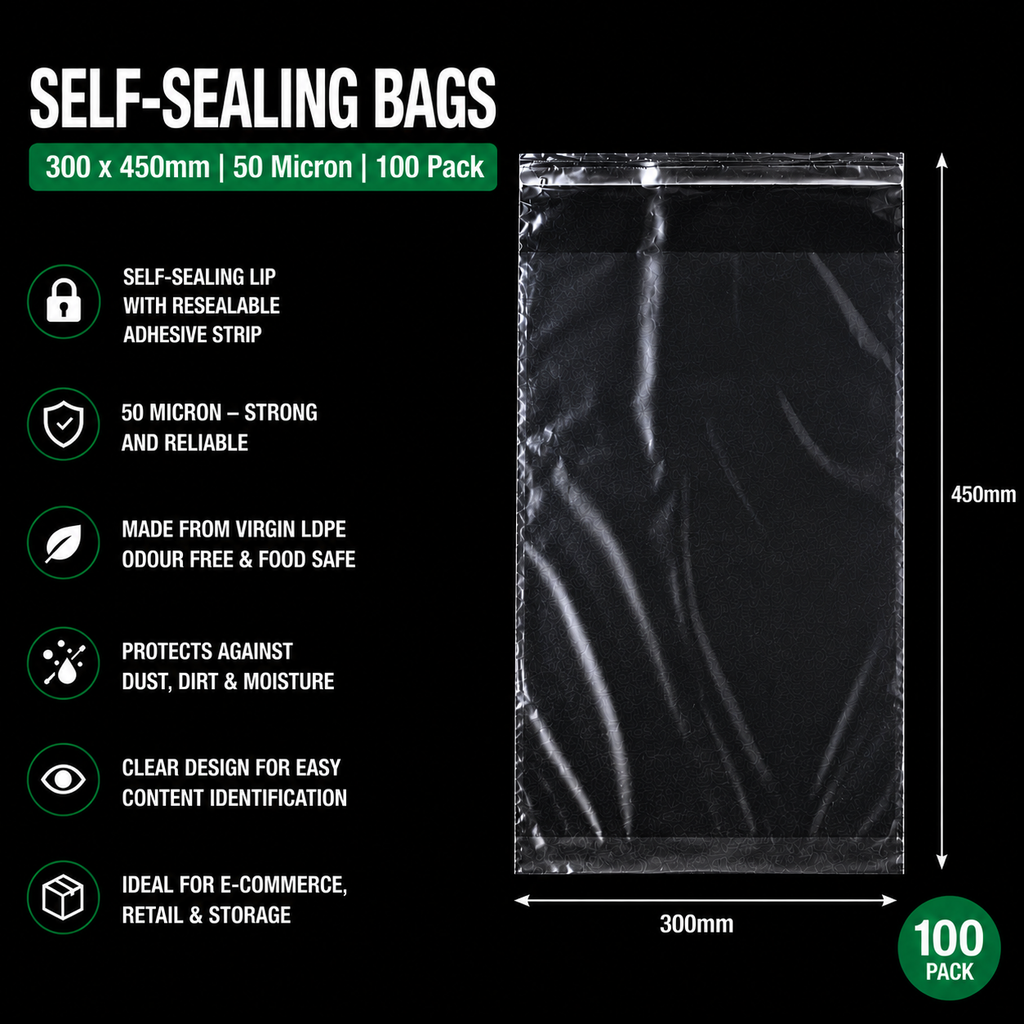 50 Micron Clear LDPE Self-Sealing Bags – Resealable Lip & Tape | Packaging Bags for Storage & Shipping
