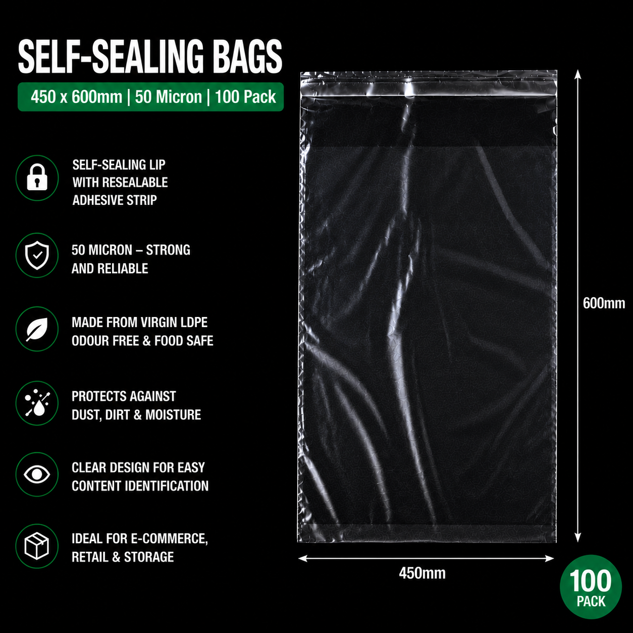 50 Micron Clear LDPE Self-Sealing Bags – Resealable Lip & Tape | Packaging Bags for Storage & Shipping