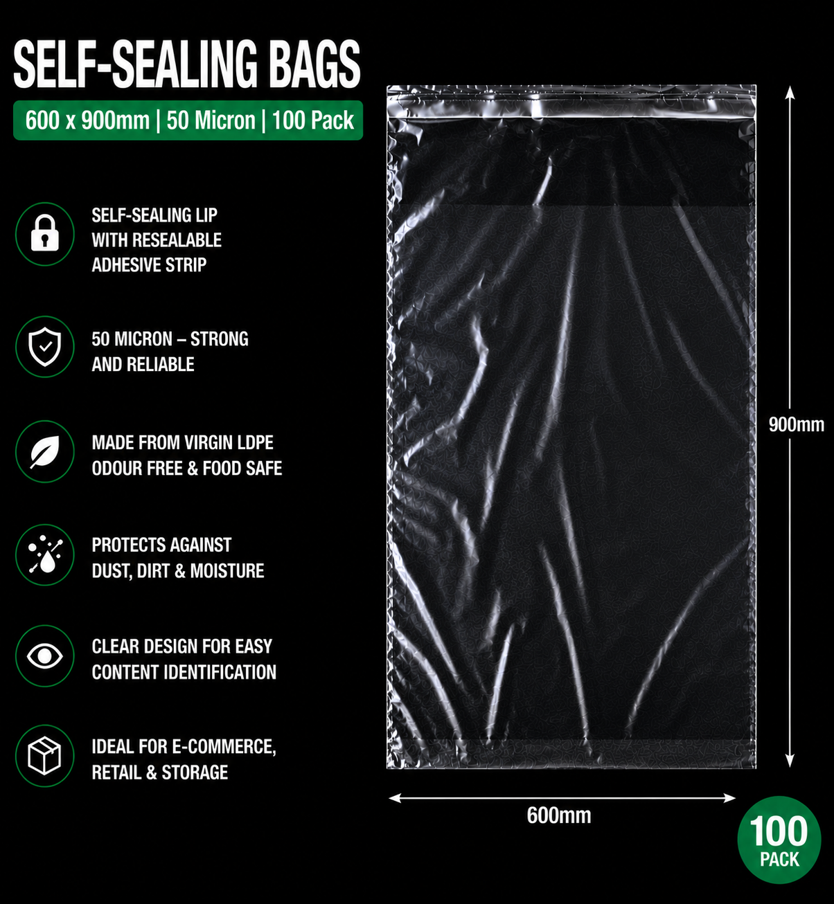 50 Micron Clear LDPE Self-Sealing Bags – Resealable Lip & Tape | Packaging Bags for Storage & Shipping