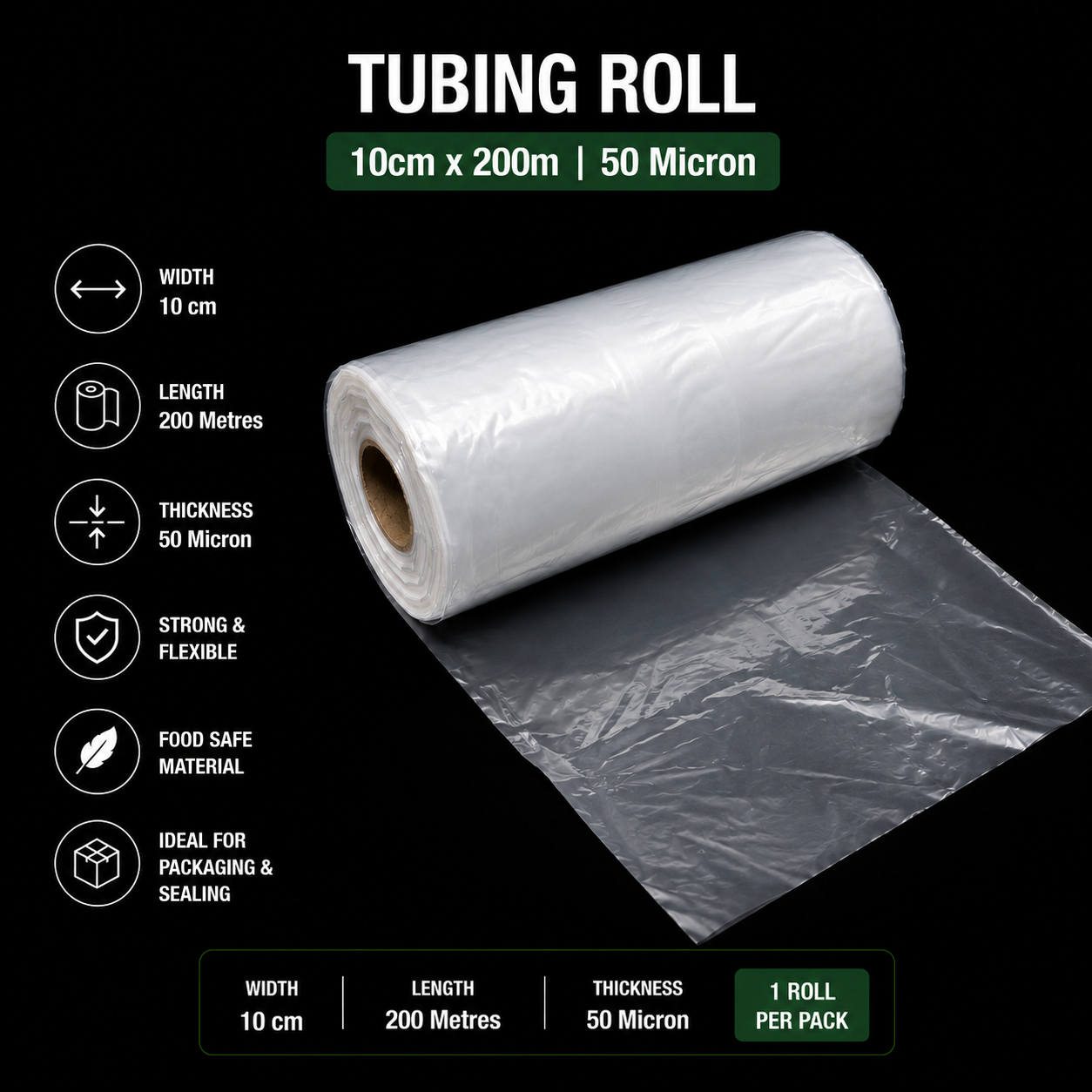 50 Micron Clear LDPE Tubing Roll – Plastic Packaging Tube (1 Roll)