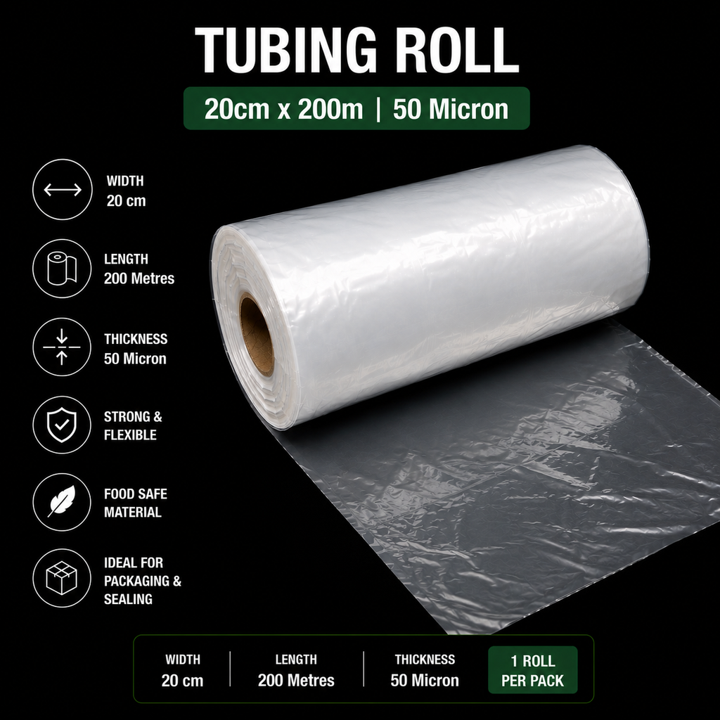 50 Micron Clear LDPE Tubing Roll – Plastic Packaging Tube (1 Roll)