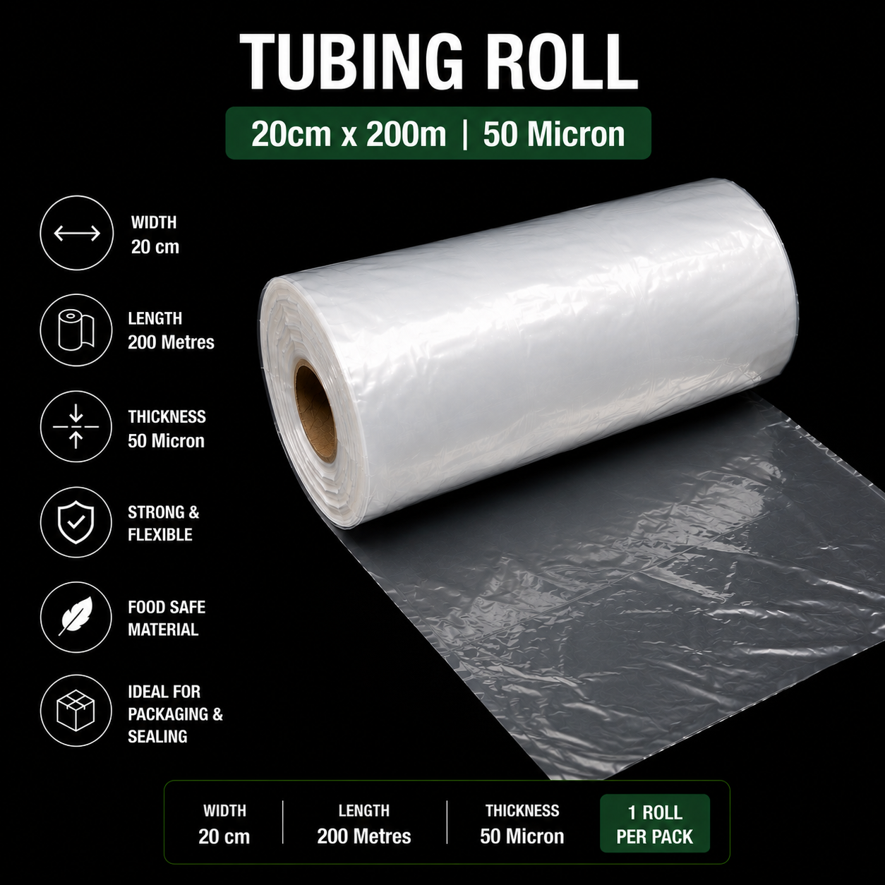 50 Micron Clear LDPE Tubing Roll – Plastic Packaging Tube (1 Roll)