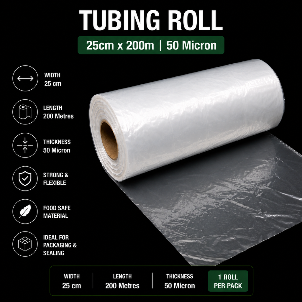 50 Micron Clear LDPE Tubing Roll – Plastic Packaging Tube (1 Roll)