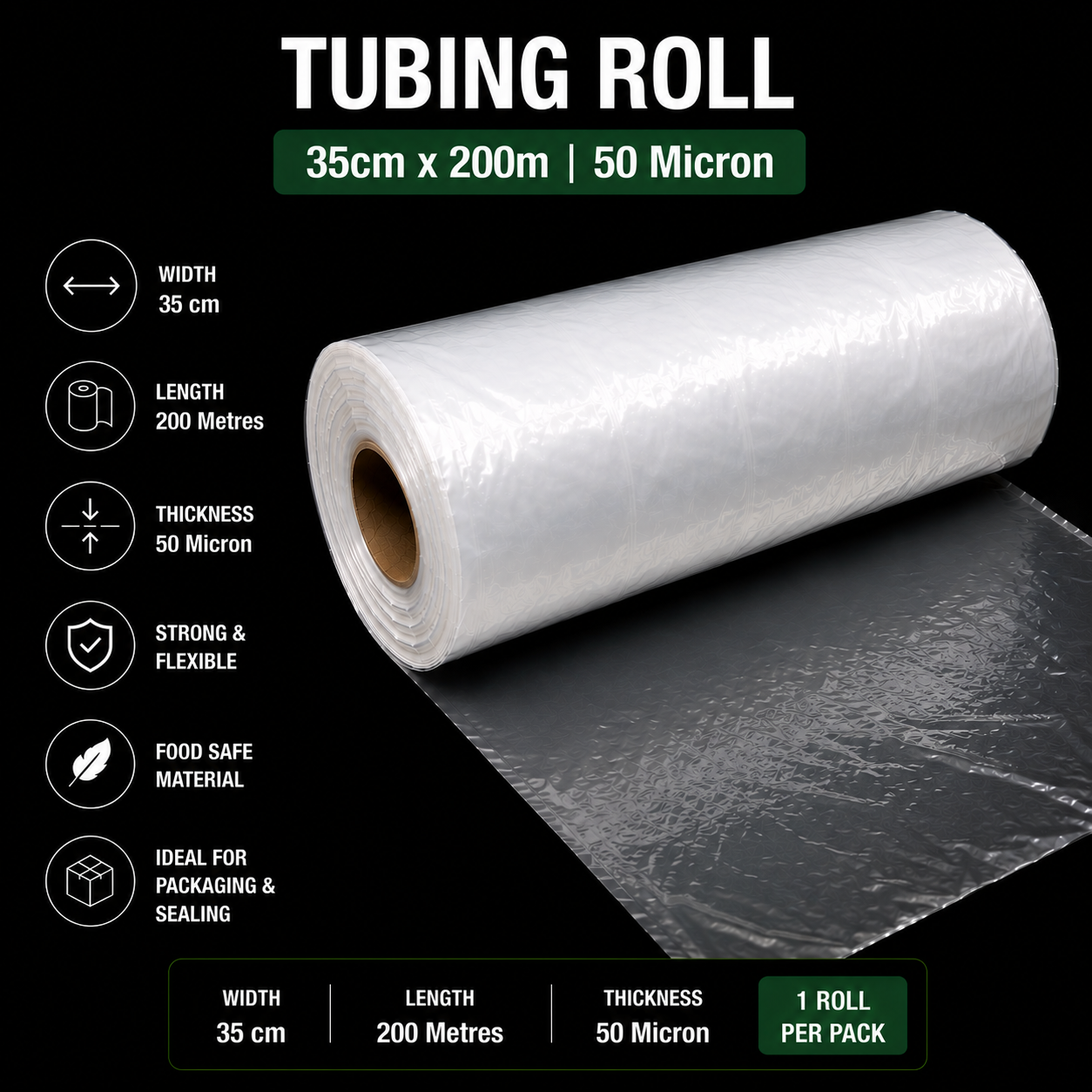 50 Micron Clear LDPE Tubing Roll – Plastic Packaging Tube (1 Roll)
