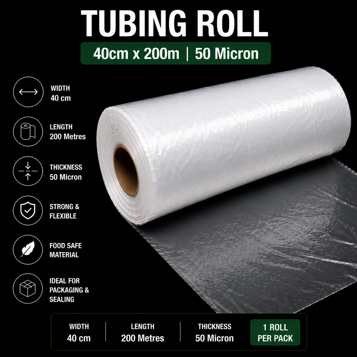 50 Micron Clear LDPE Tubing Roll – Plastic Packaging Tube (1 Roll)
