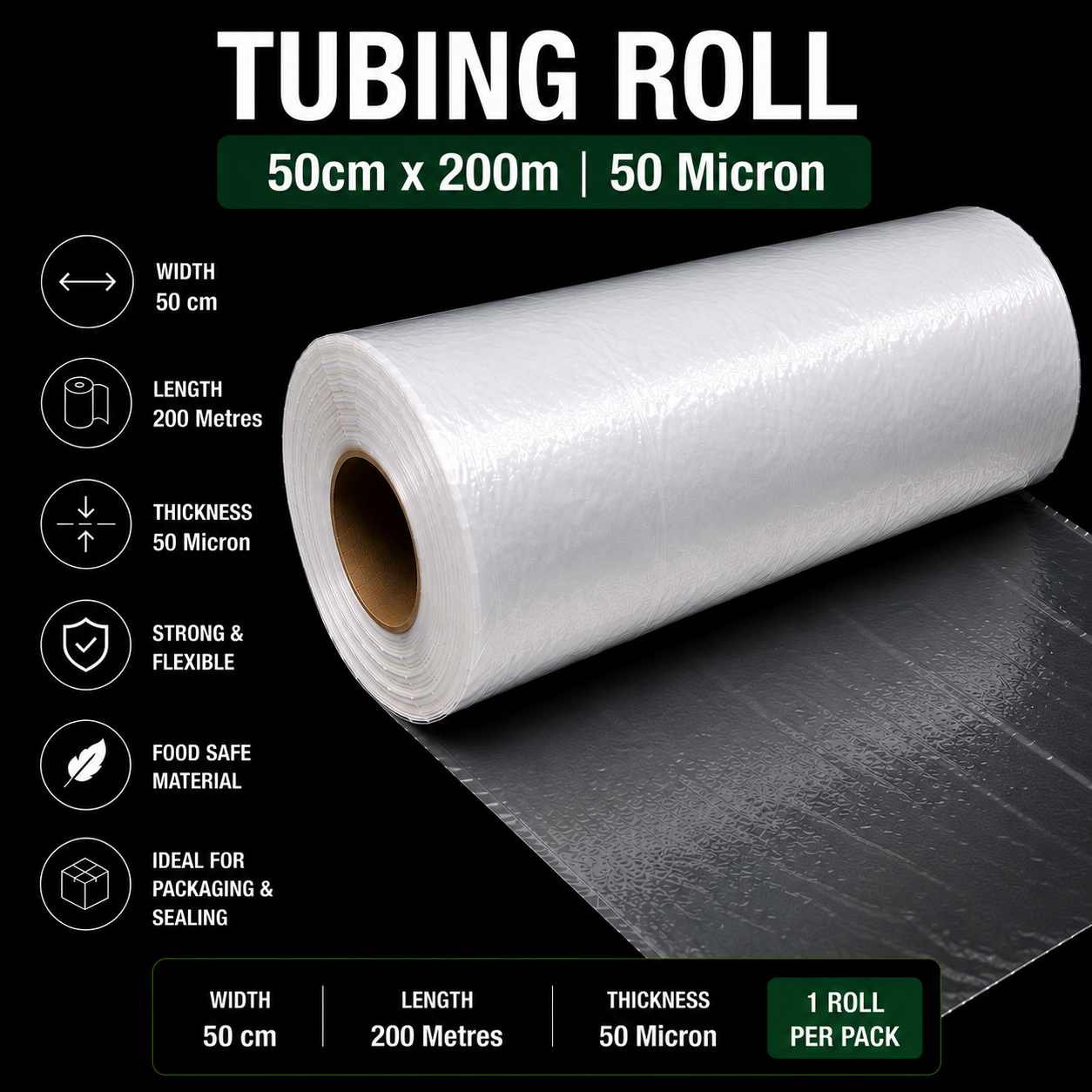 50 Micron Clear LDPE Tubing Roll – Plastic Packaging Tube (1 Roll)