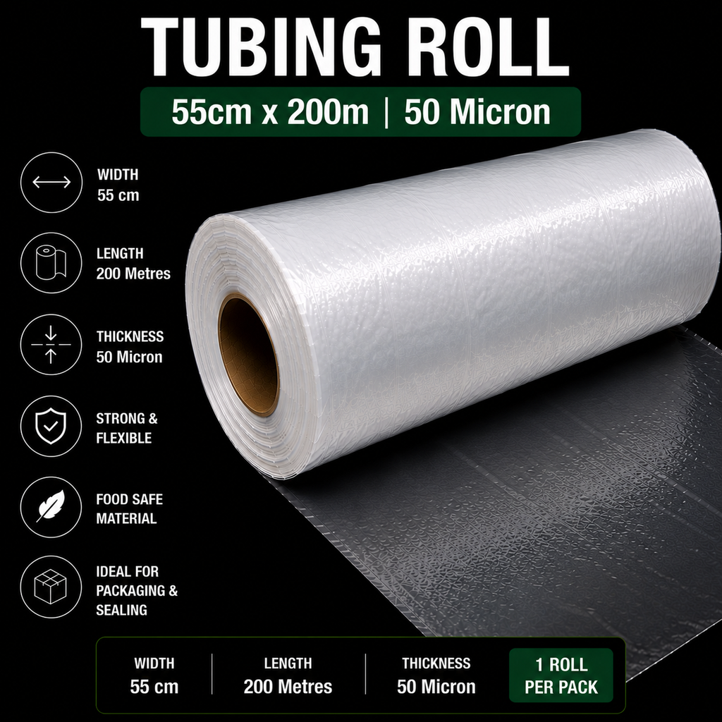 50 Micron Clear LDPE Tubing Roll – Plastic Packaging Tube (1 Roll)