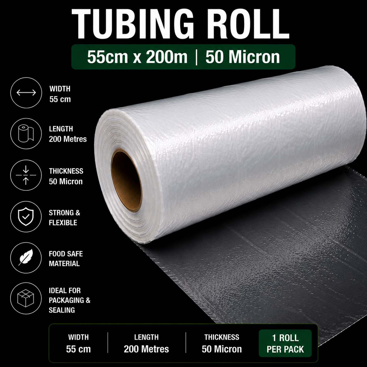 50 Micron Clear LDPE Tubing Roll – Plastic Packaging Tube (1 Roll)