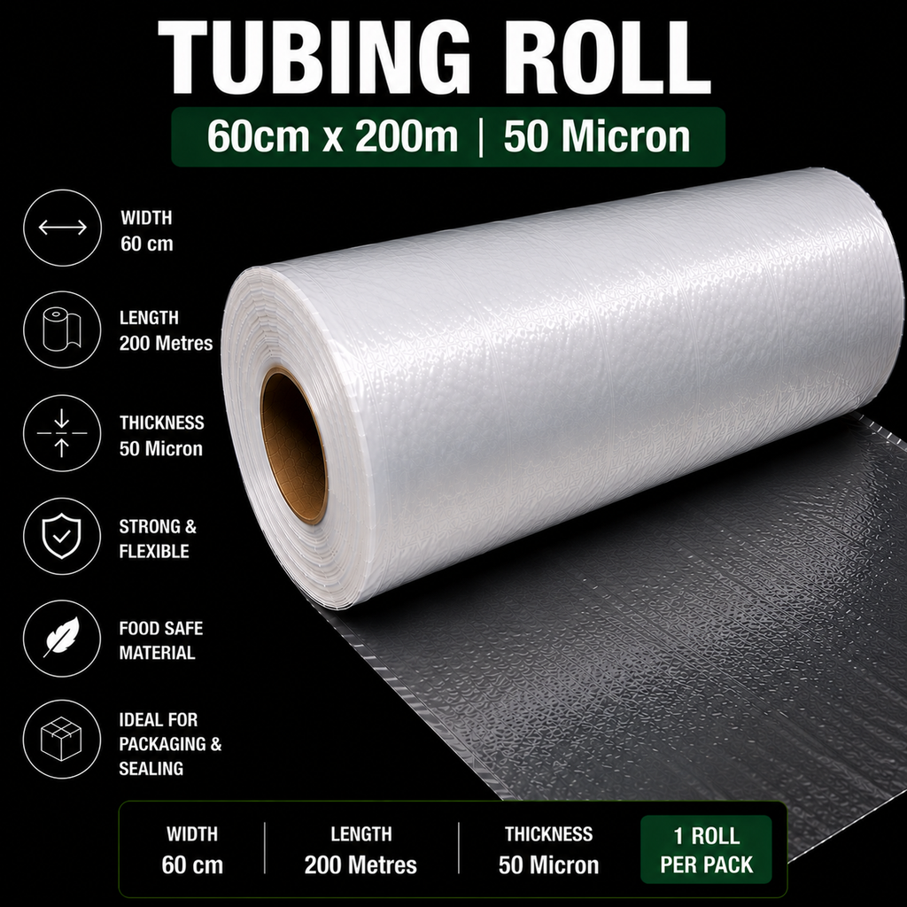 50 Micron Clear LDPE Tubing Roll – Plastic Packaging Tube (1 Roll)