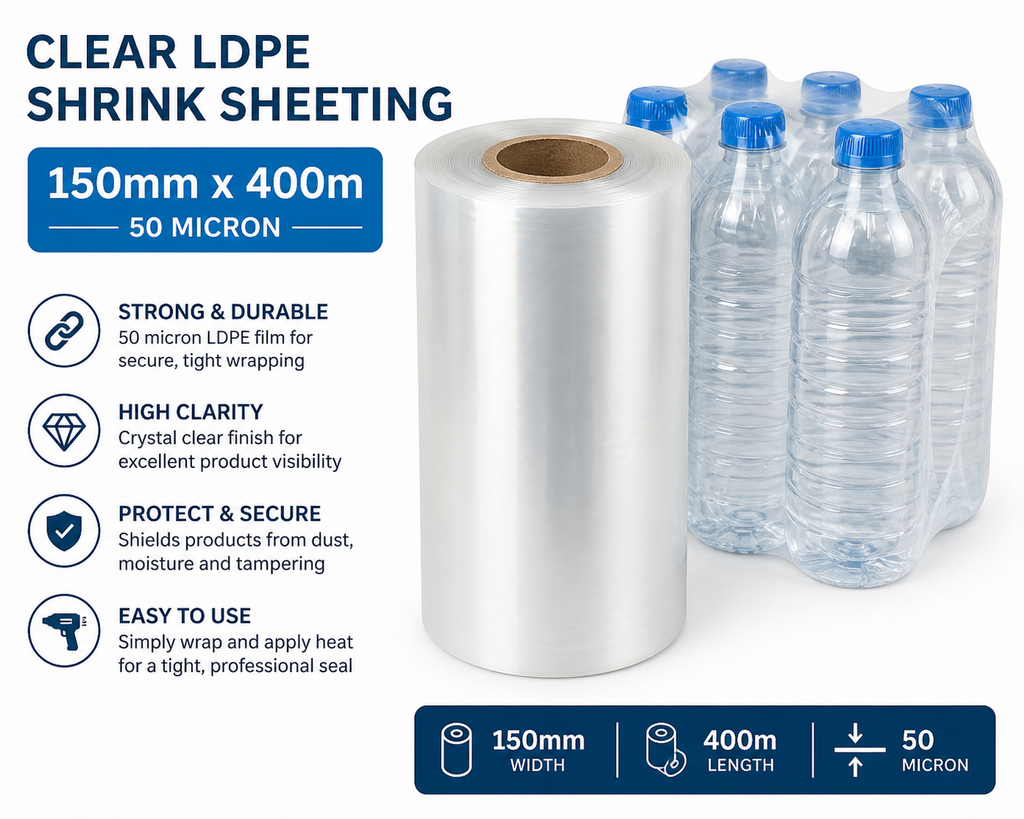 Clear LDPE/LLDPE Shrink Sheeting Rolls – 50 Micron Heat Shrink Film (150mm–600mm x 400m)