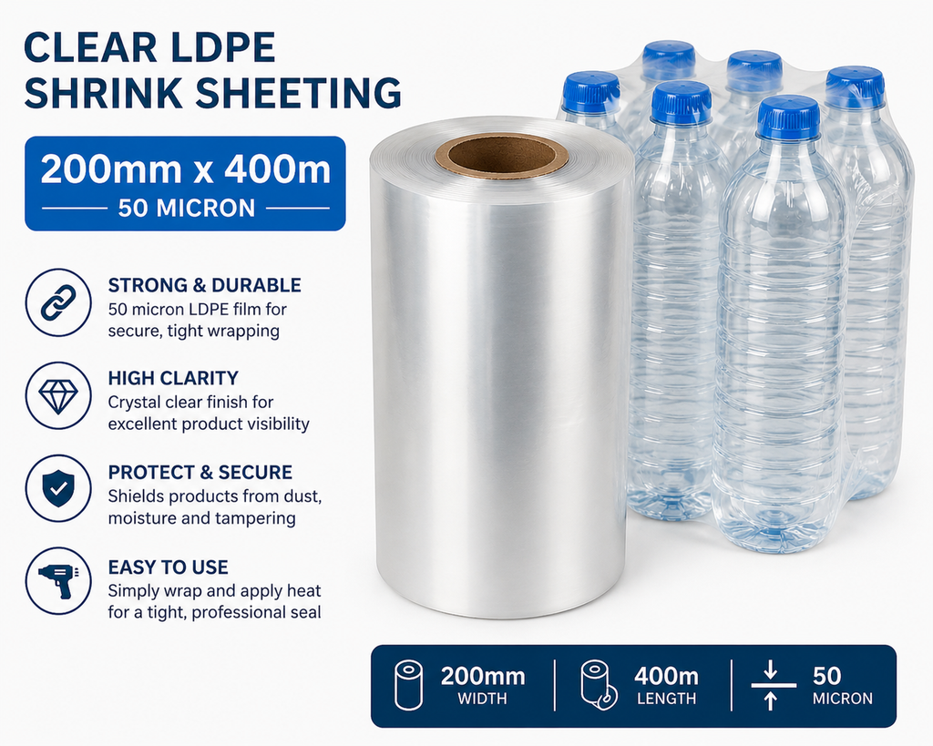 Clear LDPE/LLDPE Shrink Sheeting Rolls – 50 Micron Heat Shrink Film (150mm–600mm x 400m)