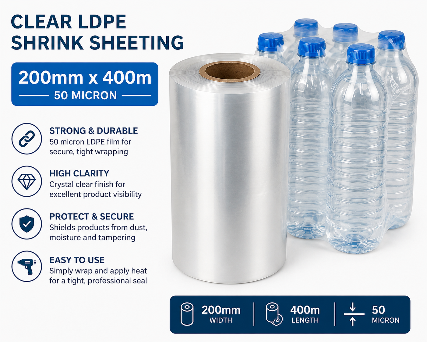 Clear LDPE/LLDPE Shrink Sheeting Rolls – 50 Micron Heat Shrink Film (150mm–600mm x 400m)