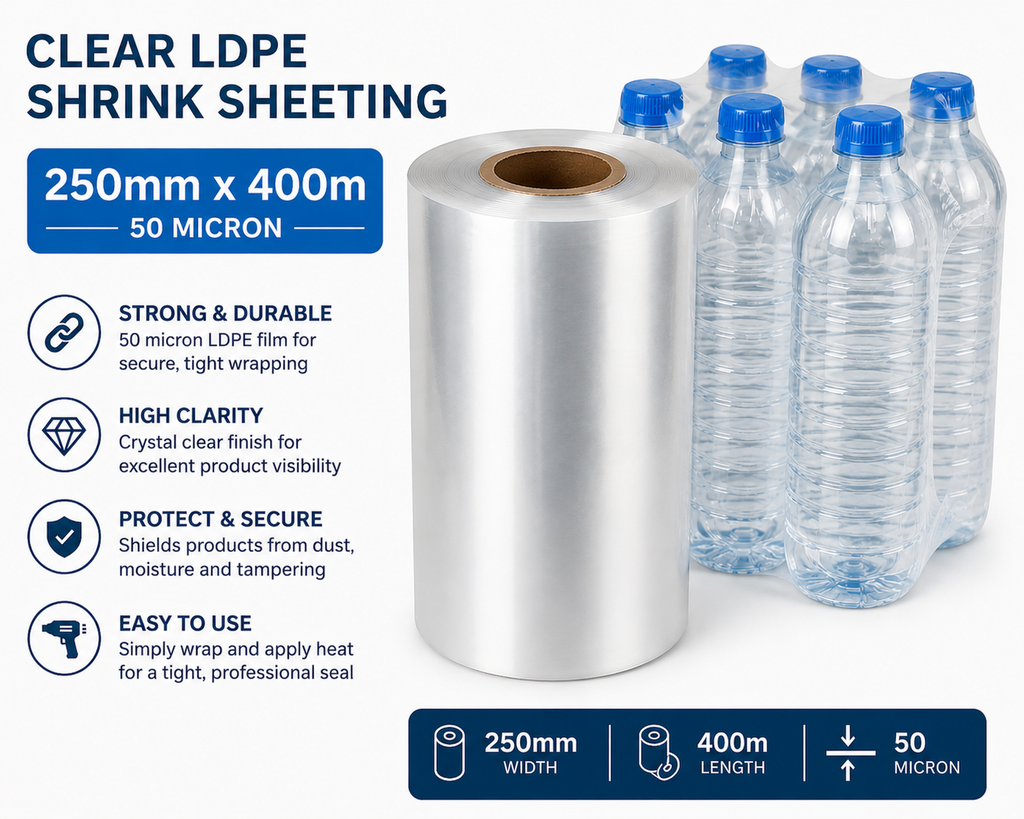 Clear LDPE/LLDPE Shrink Sheeting Rolls – 50 Micron Heat Shrink Film (150mm–600mm x 400m)