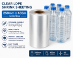 Clear LDPE/LLDPE Shrink Sheeting Rolls – 50 Micron Heat Shrink Film (150mm–600mm x 400m)