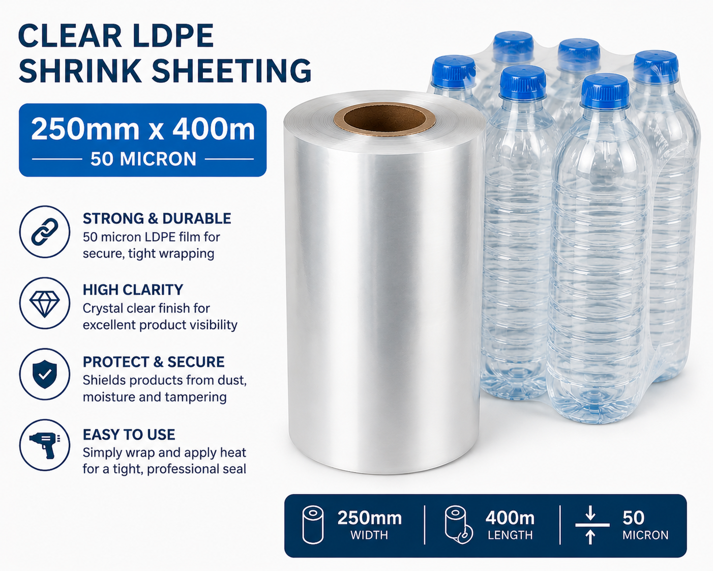 Clear LDPE/LLDPE Shrink Sheeting Rolls – 50 Micron Heat Shrink Film (150mm–600mm x 400m)