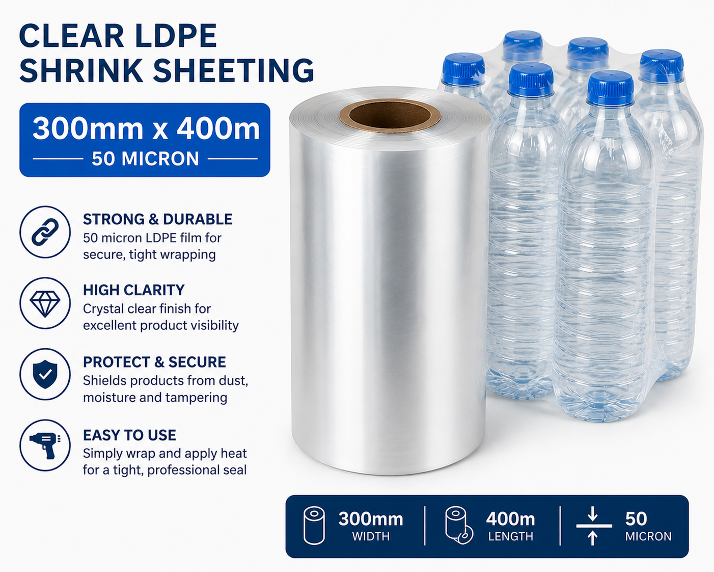 Clear LDPE/LLDPE Shrink Sheeting Rolls – 50 Micron Heat Shrink Film (150mm–600mm x 400m)