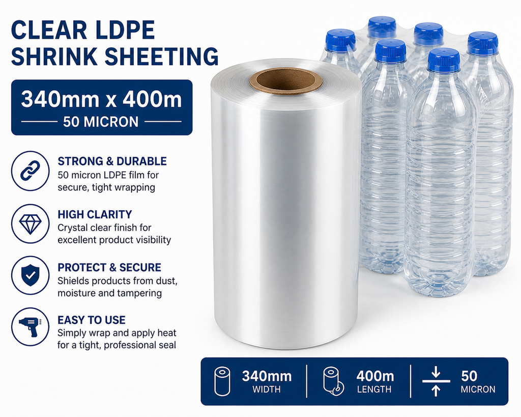 Clear LDPE/LLDPE Shrink Sheeting Rolls – 50 Micron Heat Shrink Film (150mm–600mm x 400m)