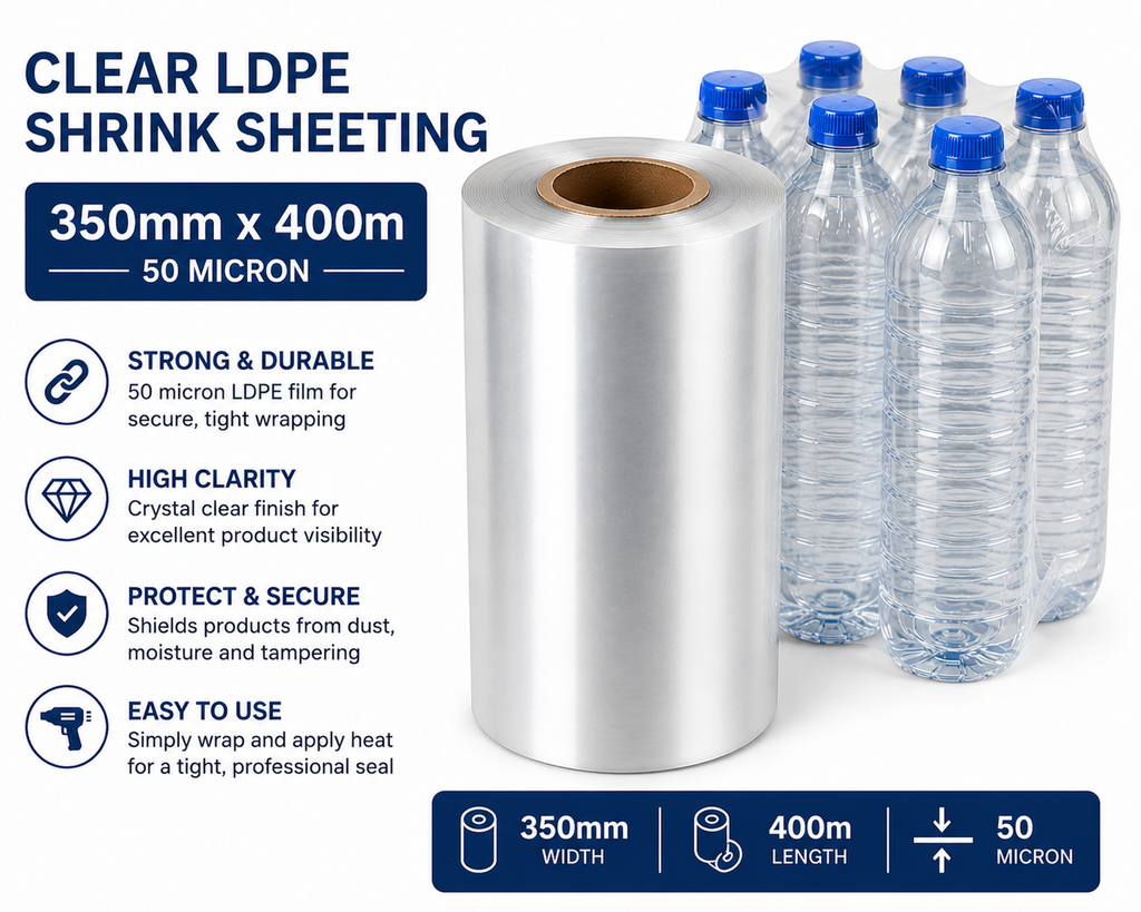 Clear LDPE/LLDPE Shrink Sheeting Rolls – 50 Micron Heat Shrink Film (150mm–600mm x 400m)