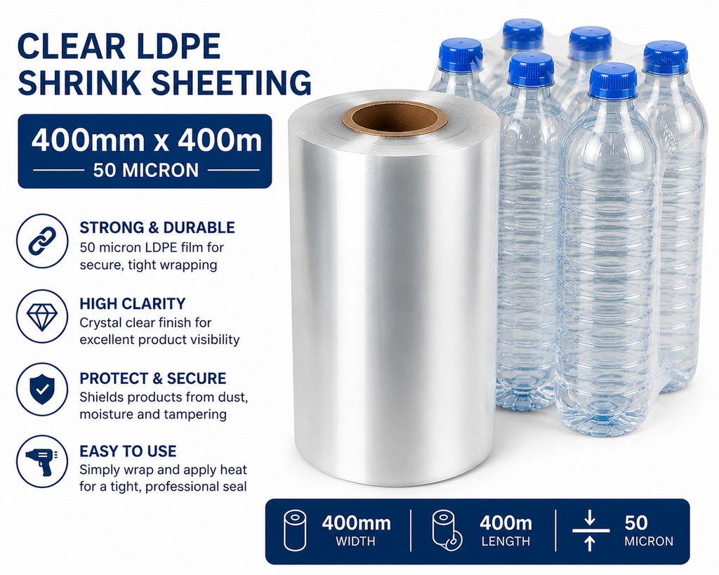 Clear LDPE/LLDPE Shrink Sheeting Rolls – 50 Micron Heat Shrink Film (150mm–600mm x 400m)