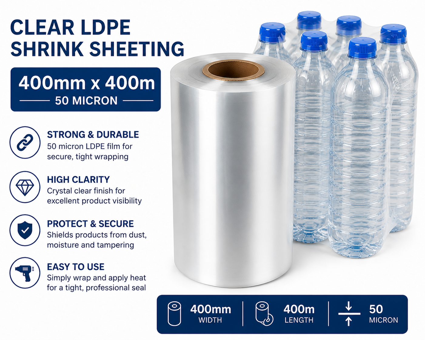 Clear LDPE/LLDPE Shrink Sheeting Rolls – 50 Micron Heat Shrink Film (150mm–600mm x 400m)