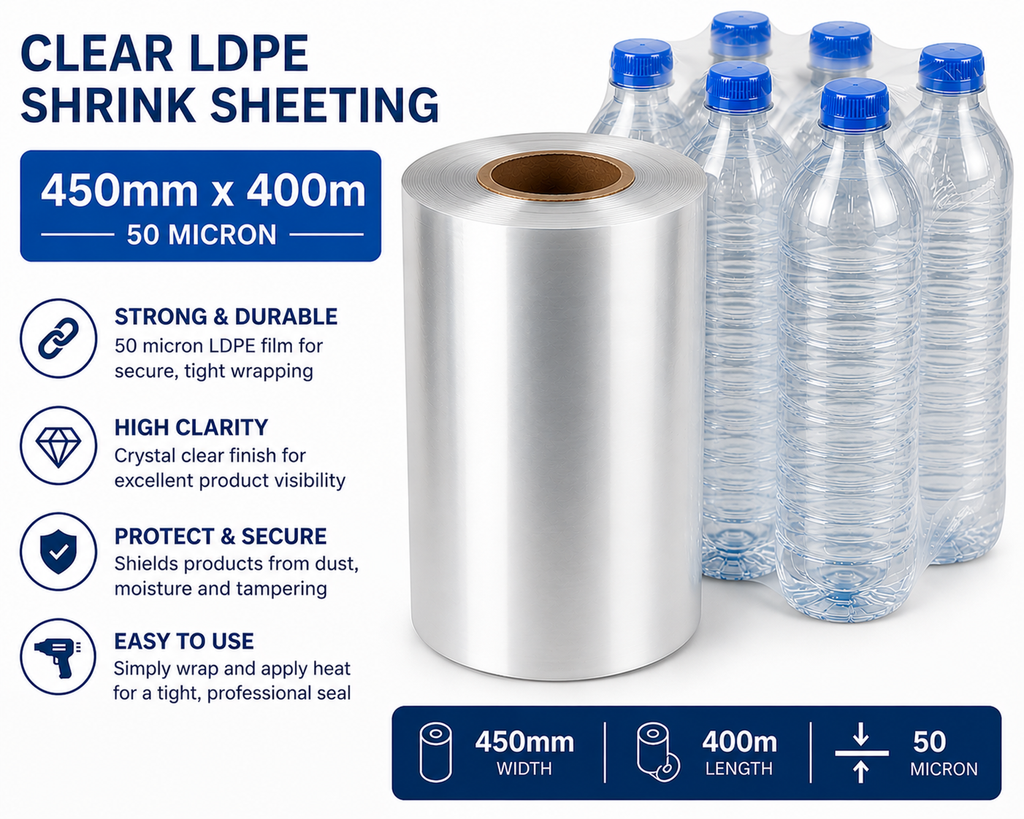 Clear LDPE/LLDPE Shrink Sheeting Rolls – 50 Micron Heat Shrink Film (150mm–600mm x 400m)