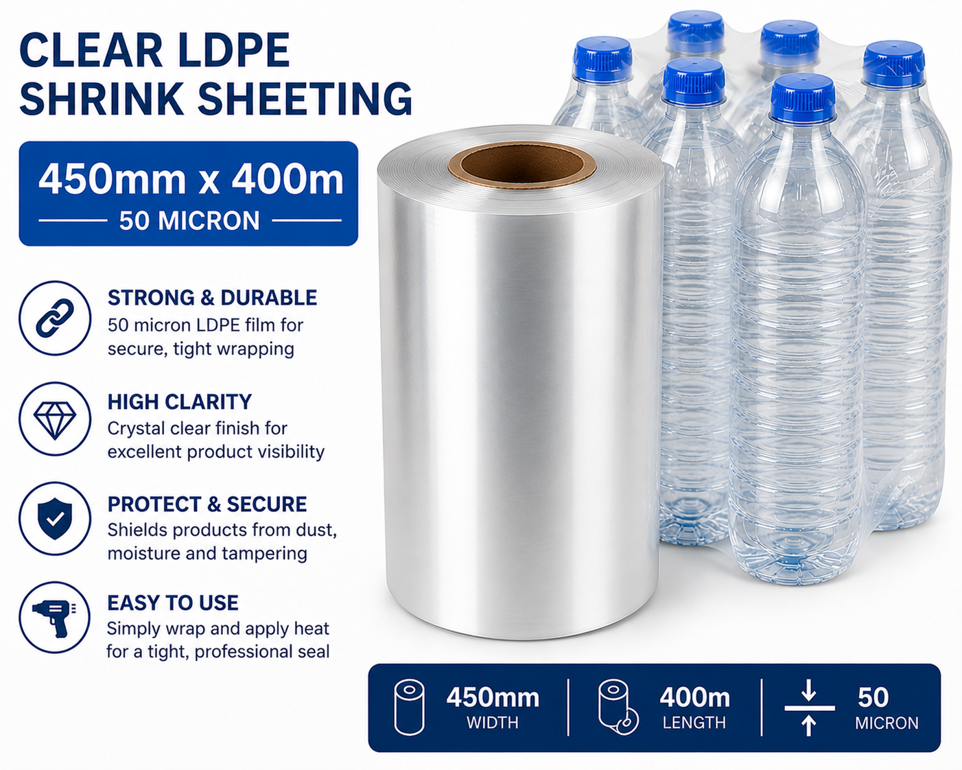 Clear LDPE/LLDPE Shrink Sheeting Rolls – 50 Micron Heat Shrink Film (150mm–600mm x 400m)