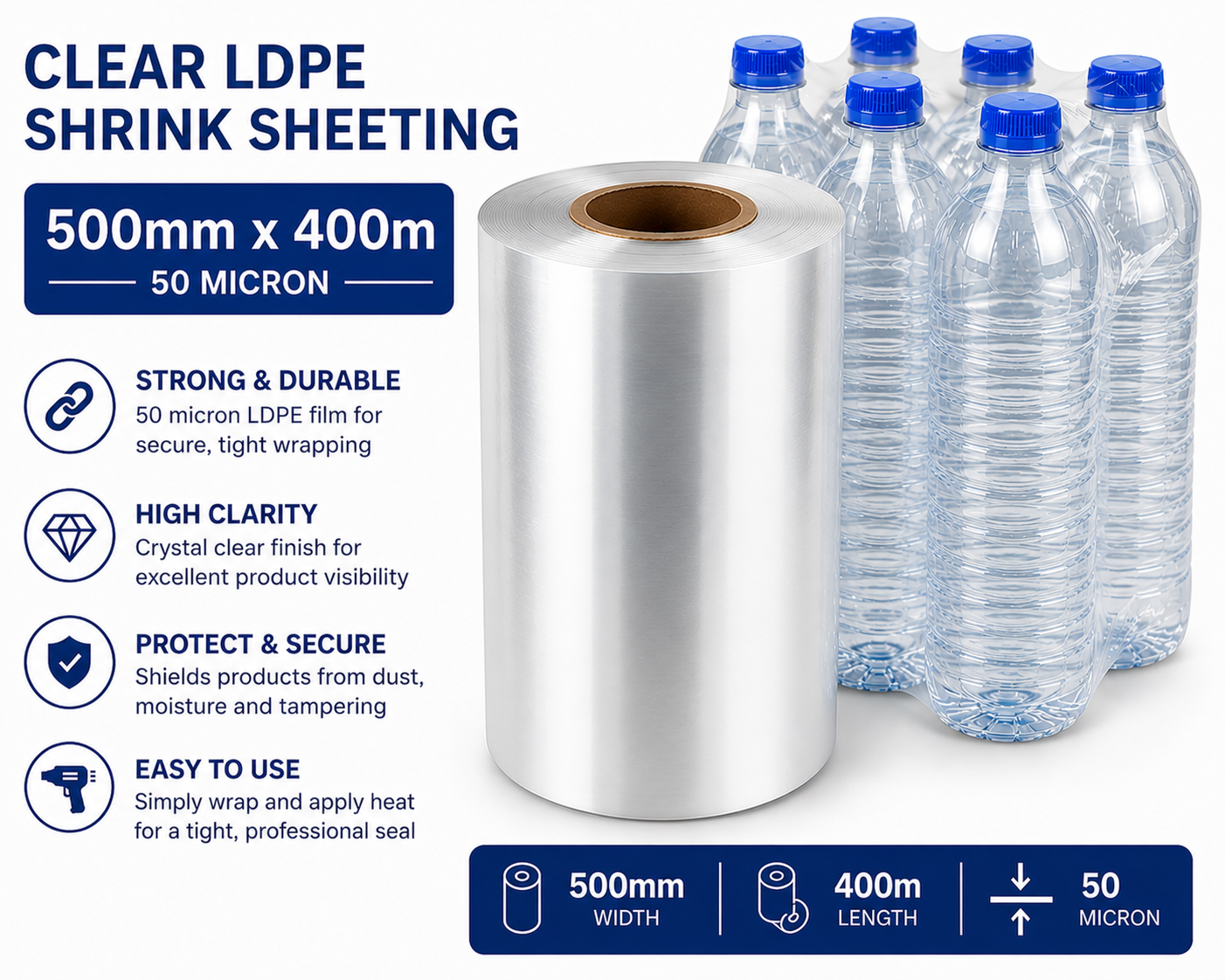 Clear LDPE/LLDPE Shrink Sheeting Rolls – 50 Micron Heat Shrink Film (150mm–600mm x 400m)