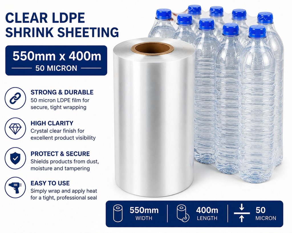 Clear LDPE/LLDPE Shrink Sheeting Rolls – 50 Micron Heat Shrink Film (150mm–600mm x 400m)
