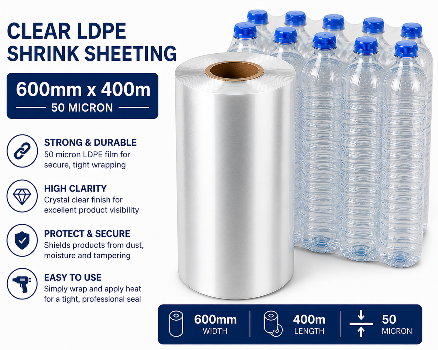 Clear LDPE/LLDPE Shrink Sheeting Rolls – 50 Micron Heat Shrink Film (150mm–600mm x 400m)
