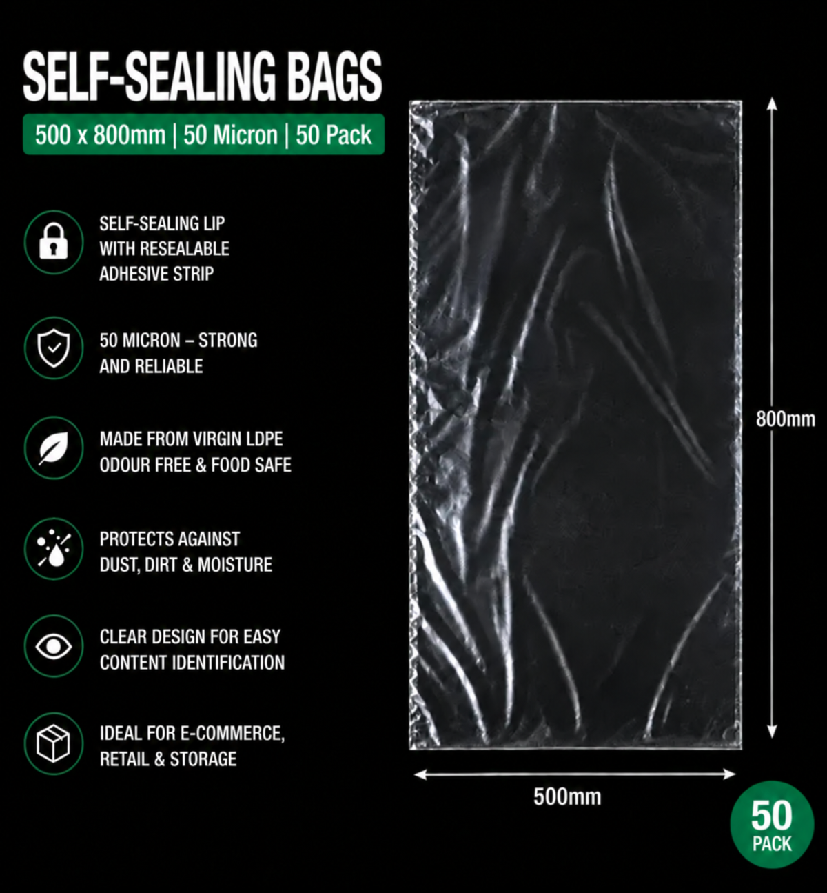 50 Micron Clear LDPE Self-Sealing Bags – Resealable Lip & Tape | Packaging Bags for Storage & Shipping