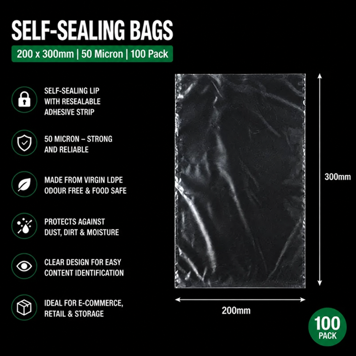 50 Micron Clear LDPE Self-Sealing Bags – Resealable Lip & Tape | Packaging Bags for Storage & Shipping