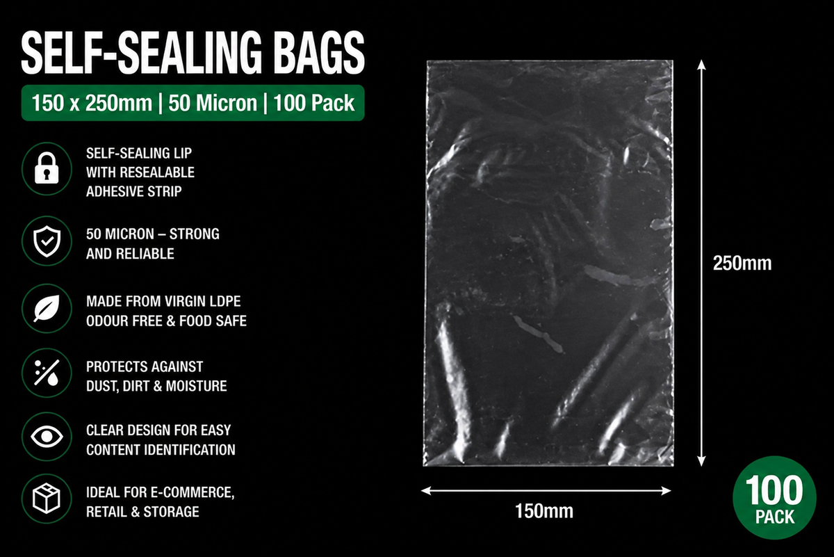 50 Micron Clear LDPE Self-Sealing Bags – Resealable Lip & Tape | Packaging Bags for Storage & Shipping